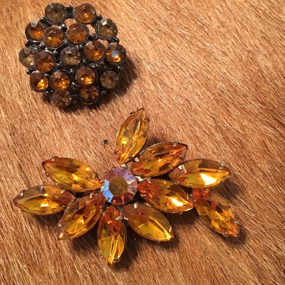 2 Amber Rhinestone Brooch Pins